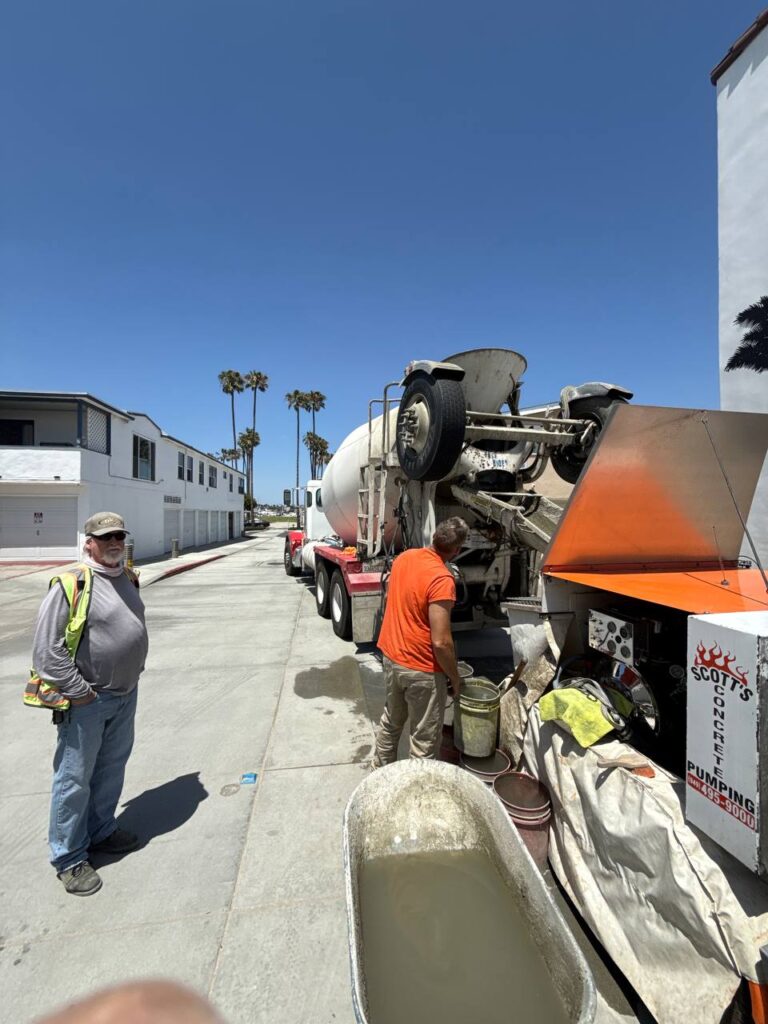 Scott's Concrete Pumping crew on a residential pea gravel concrete pour in Orange County, California